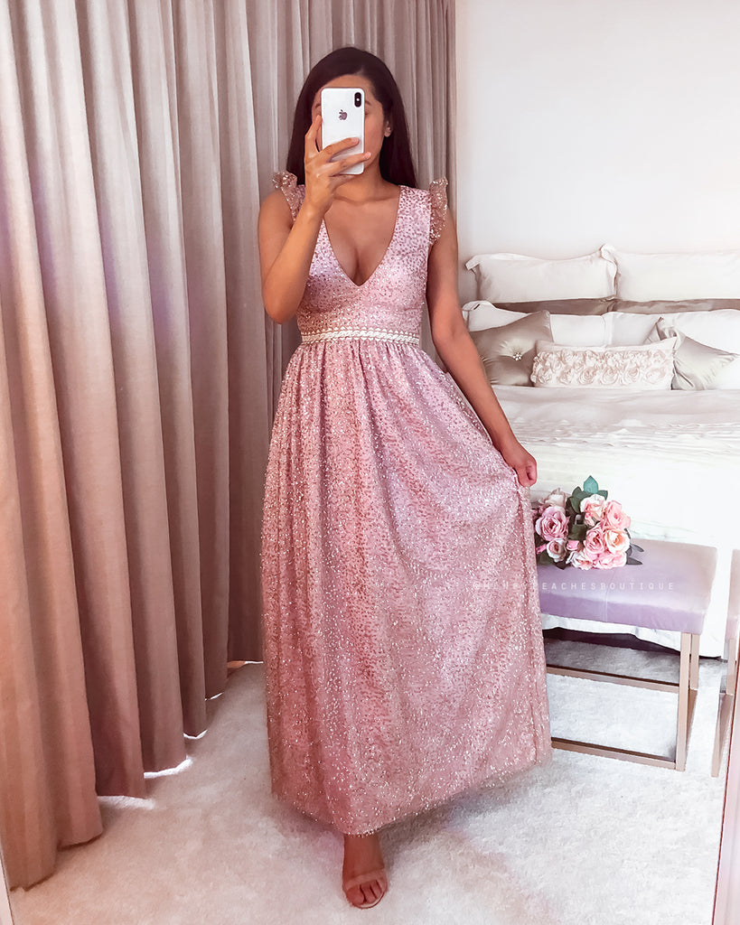 Abigail Glitter Maxi Dress - Rose Gold