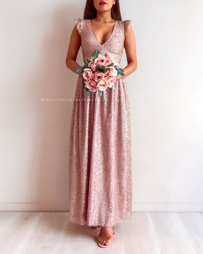 Abigail Glitter Maxi Dress - Rose Gold