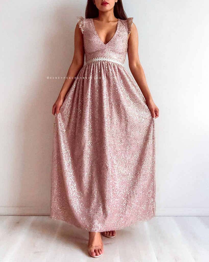 Abigail Glitter Maxi Dress - Rose Gold