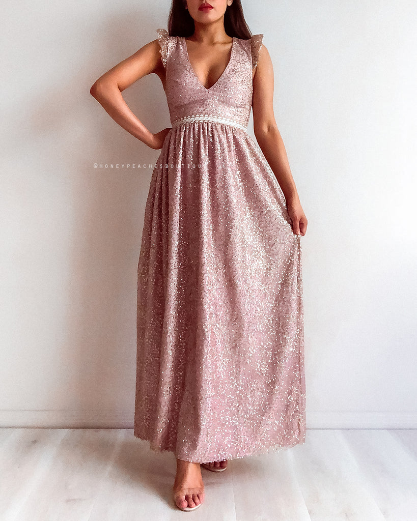 Abigail Glitter Maxi Dress - Rose Gold