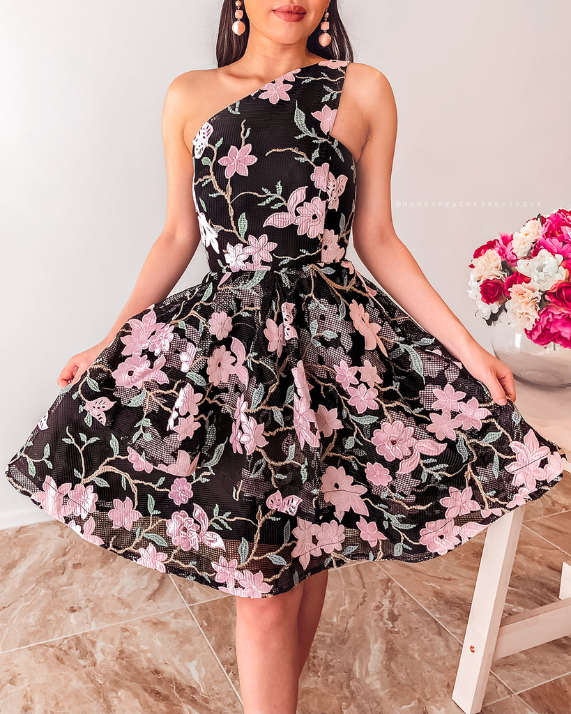 Addison One Shoulder Dress - Black Floral