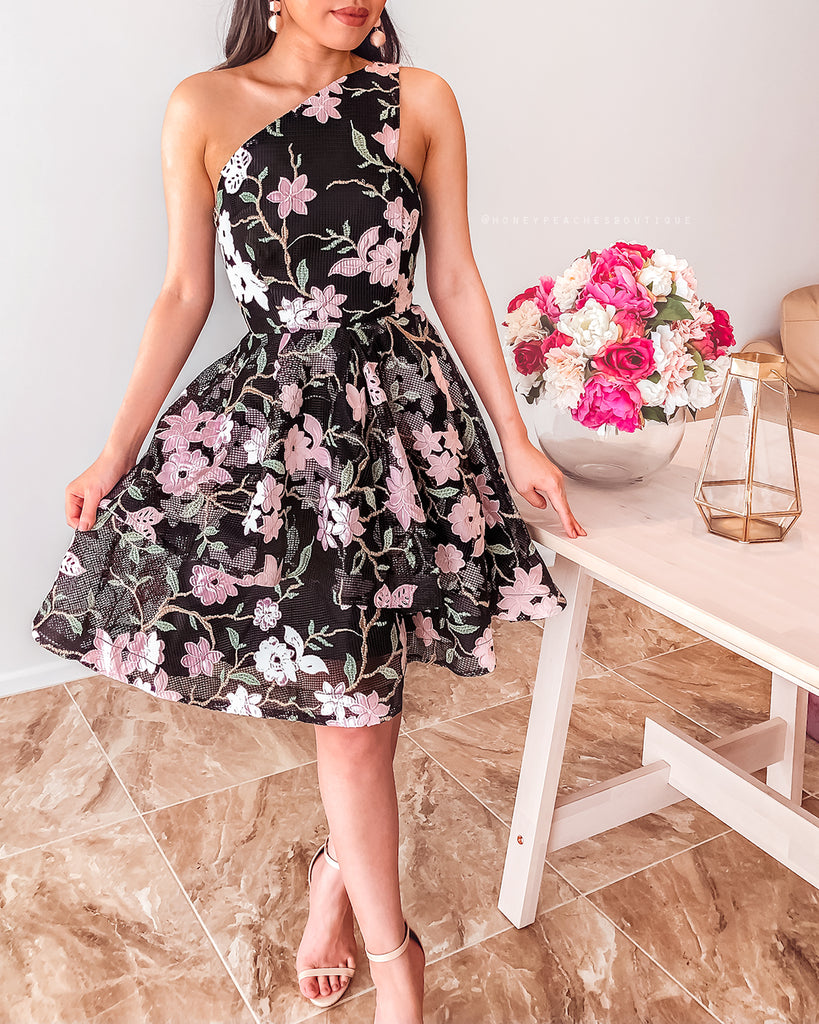 Addison One Shoulder Dress - Black Floral