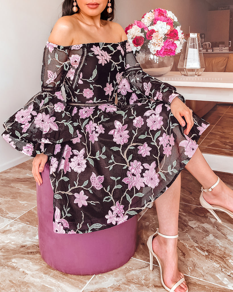 Addison Flared Sleeve Dress - Black Floral