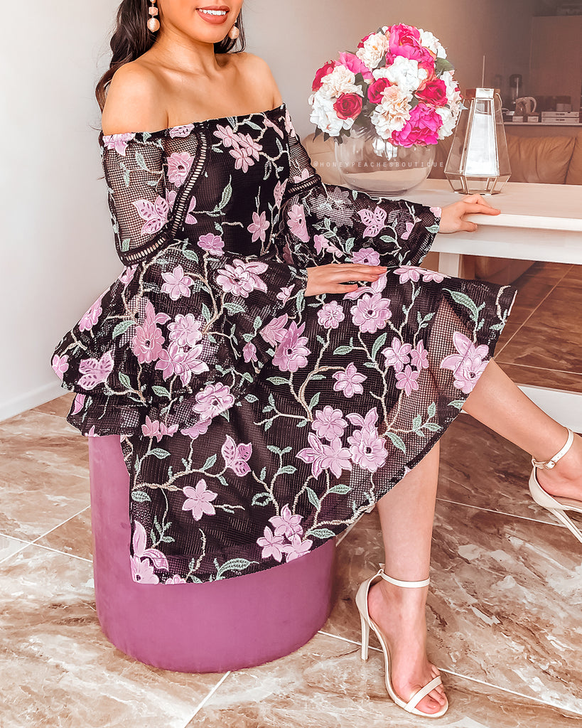 Addison Flared Sleeve Dress - Black Floral