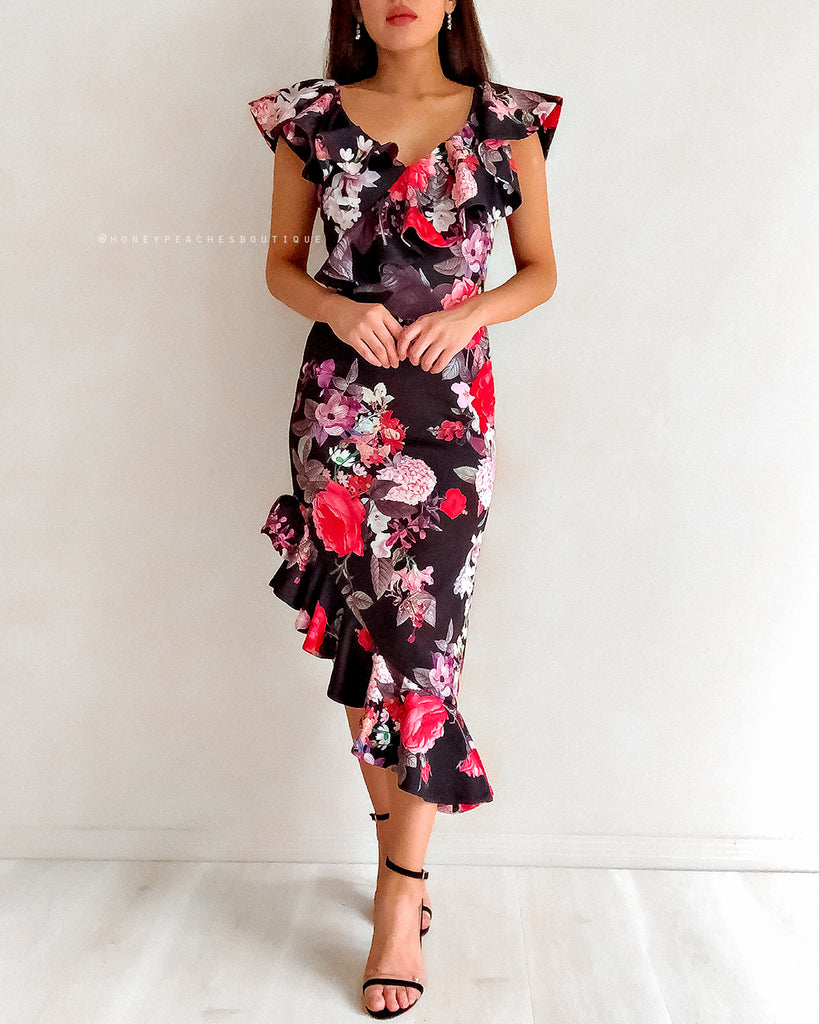Alessandra Midi Dress - Black Floral