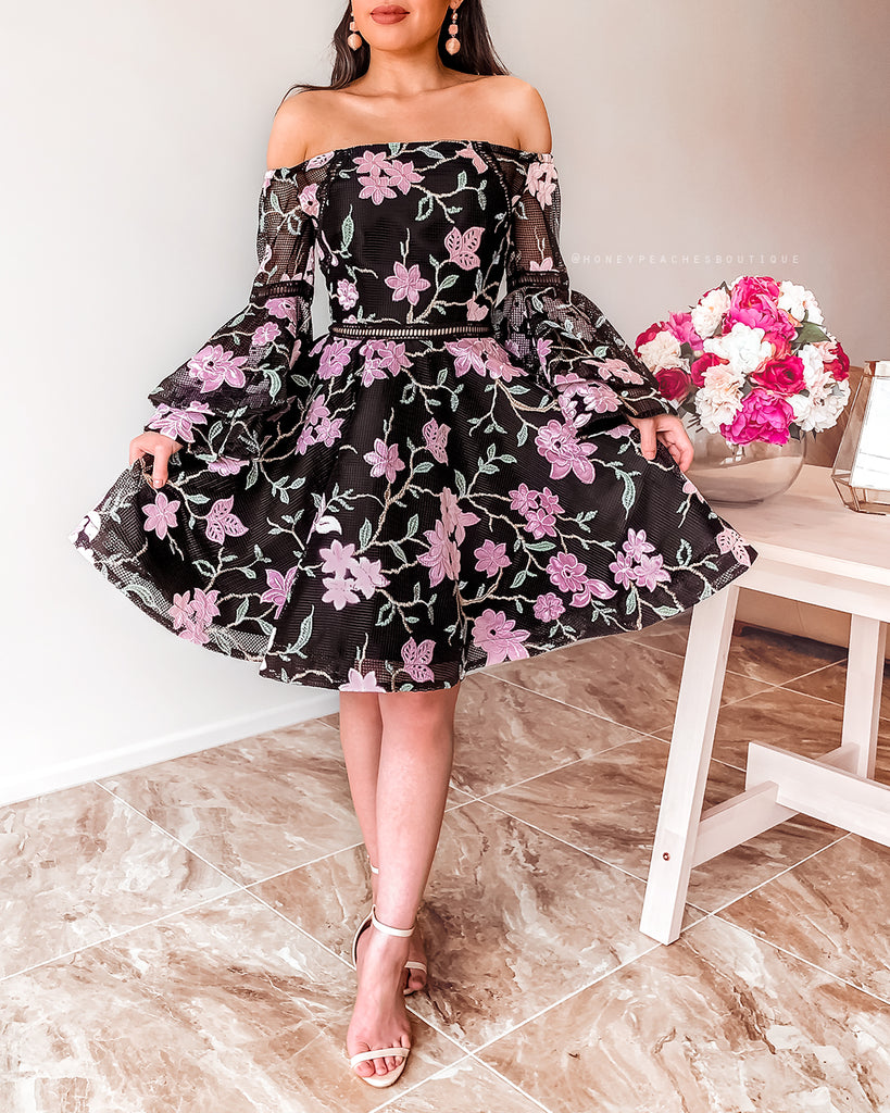 Addison Flared Sleeve Dress - Black Floral