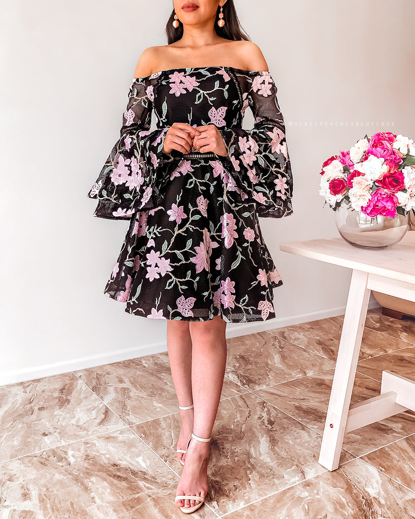 Addison Flared Sleeve Dress - Black Floral