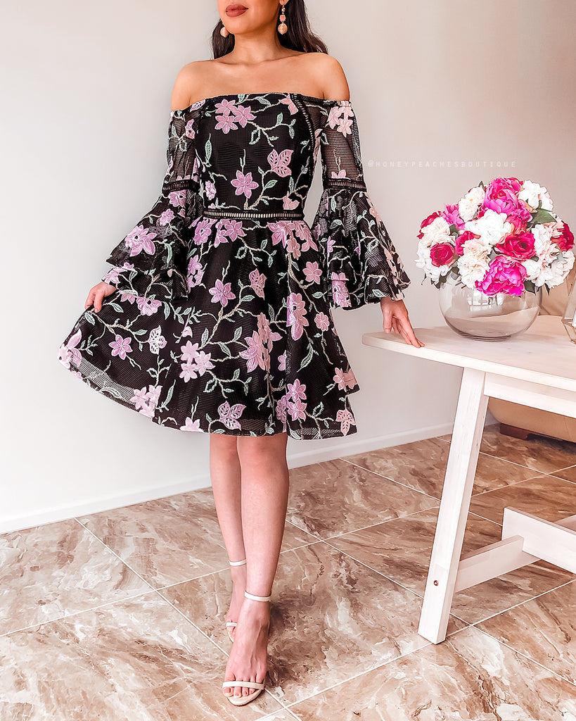 Addison Flared Sleeve Dress - Black Floral