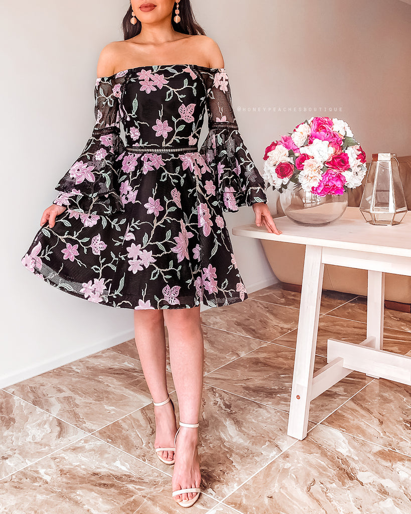 Addison Flared Sleeve Dress - Black Floral