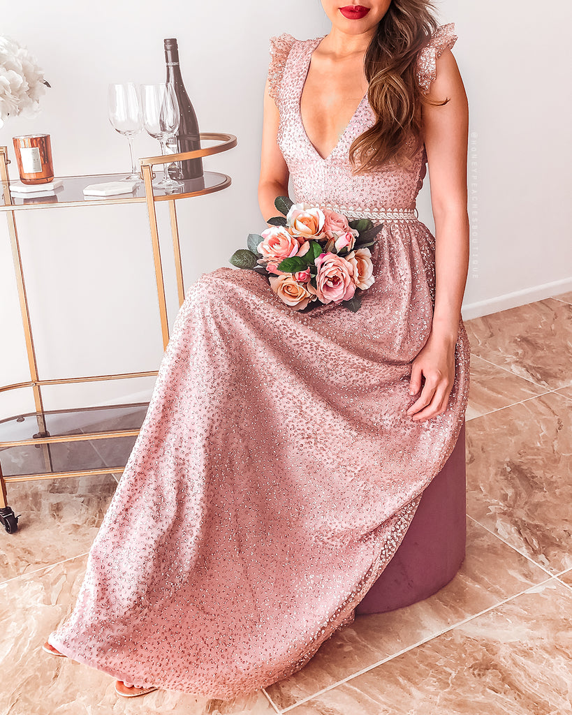 Abigail Glitter Maxi Dress - Rose Gold