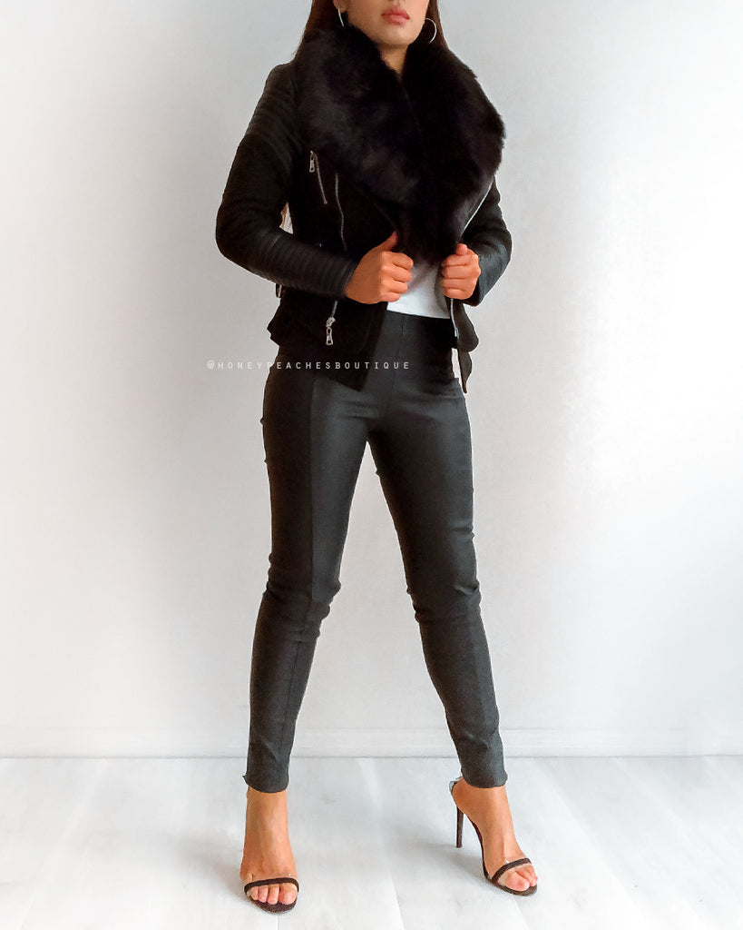 Bessy Fur Biker Jacket - Black