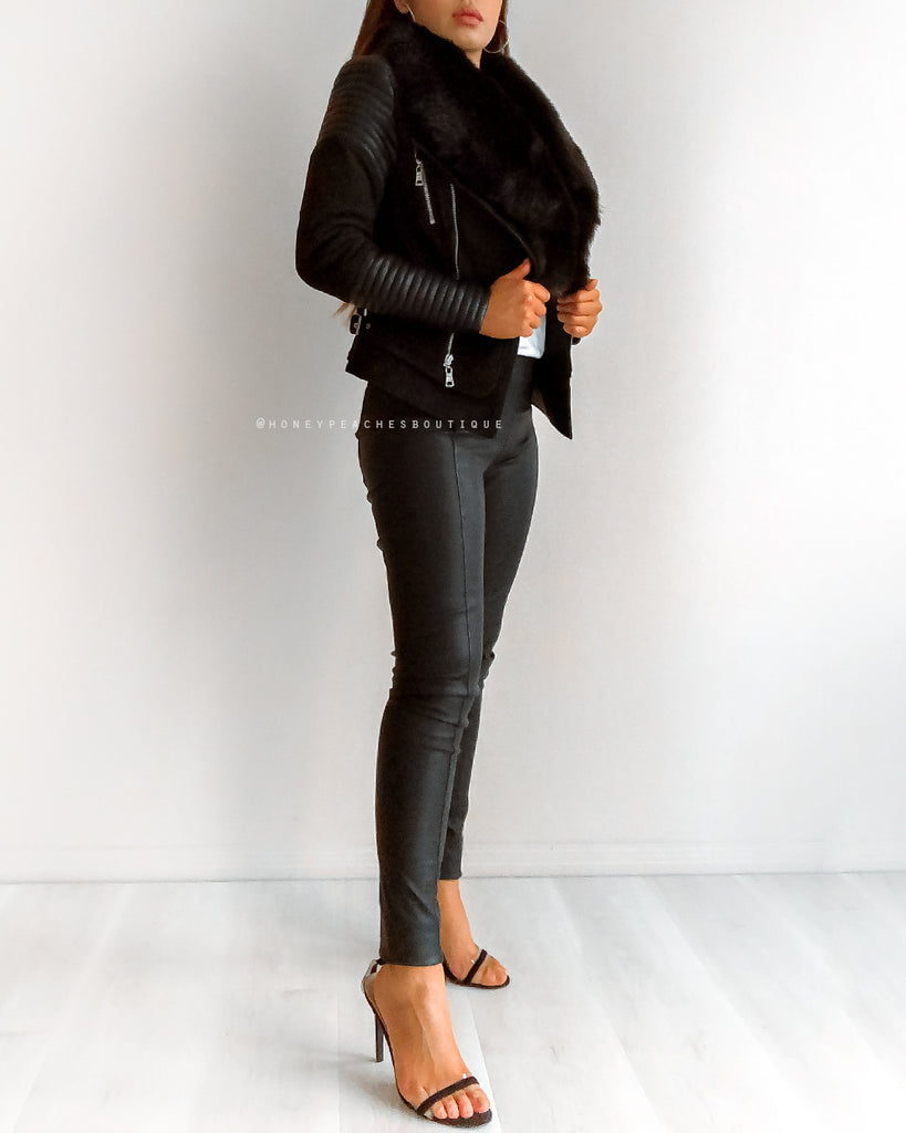 Bessy Fur Biker Jacket - Black