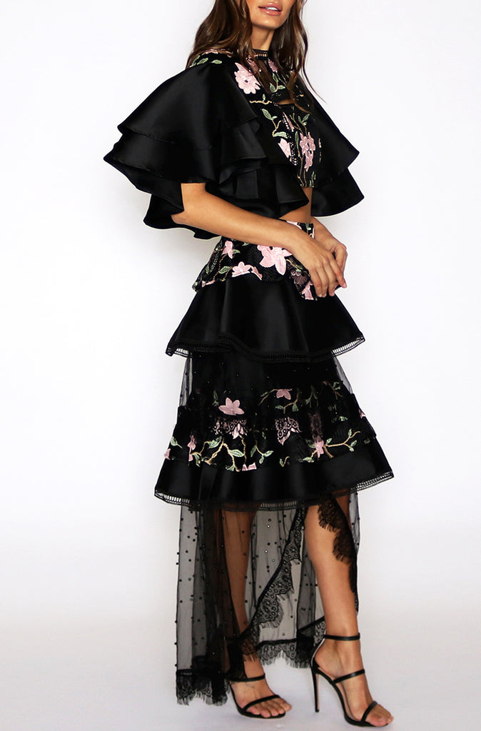 Miranda Frill Layered Skirt - Black Floral