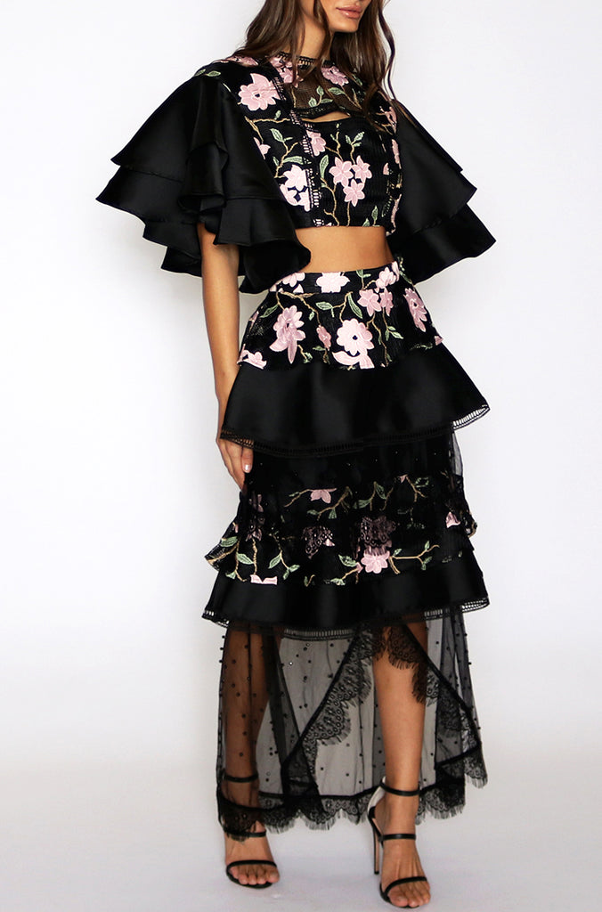 Miranda Frill Sleeve Crop Top - Black Floral