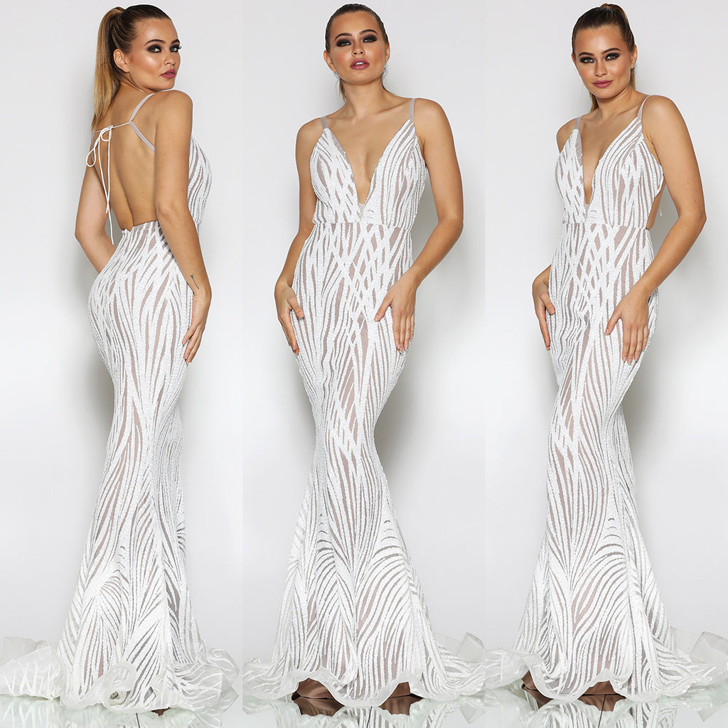 Ophelia Sequin Gown by Jadore - Ivory/Nude