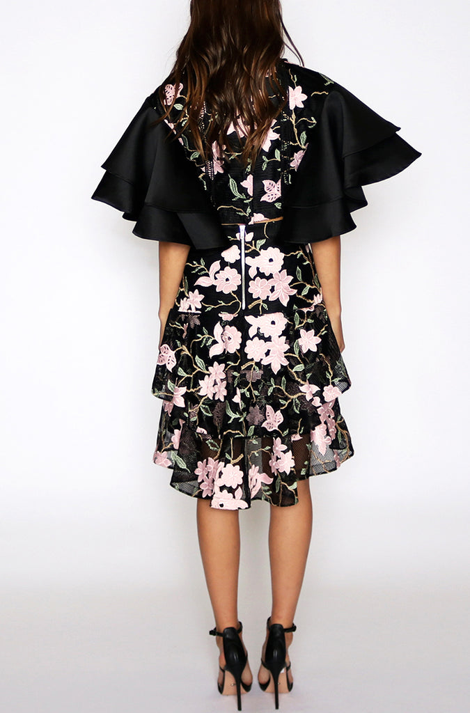 Miranda Frill Sleeve Crop Top - Black Floral