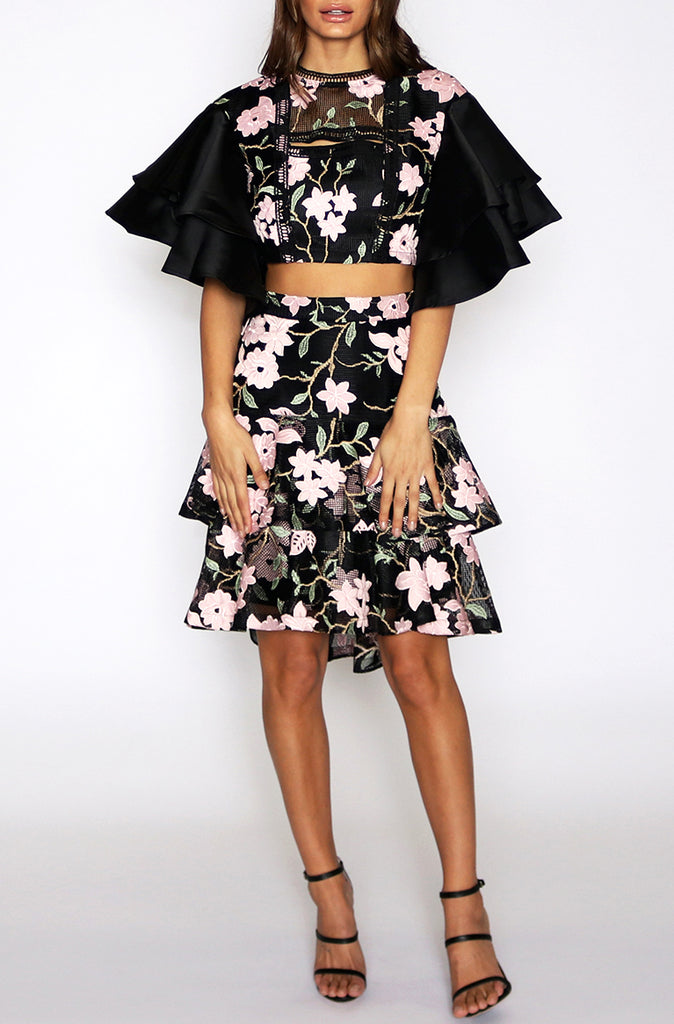 Miranda Frill Sleeve Crop Top - Black Floral