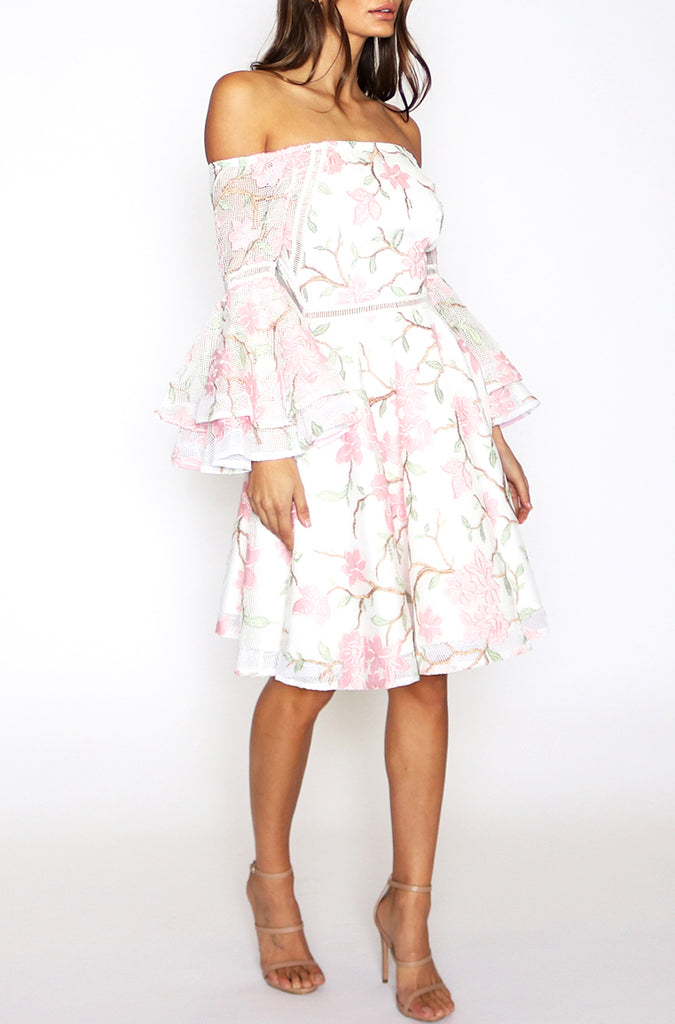 Addison Flared Sleeve Dress - White Floral