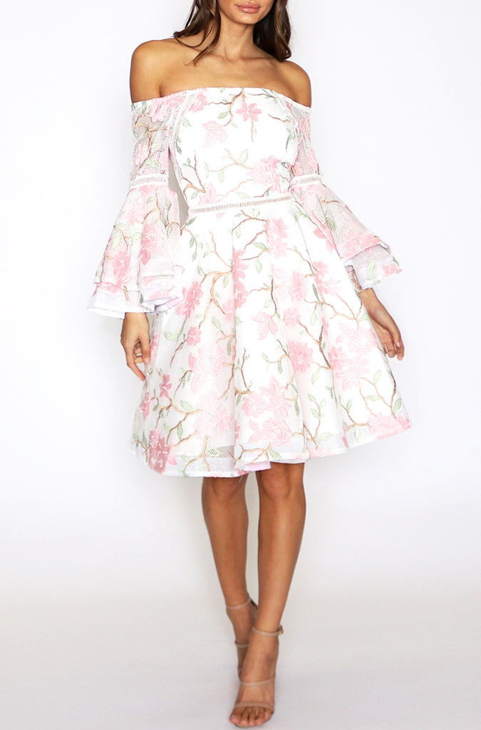 Addison Flared Sleeve Dress - White Floral