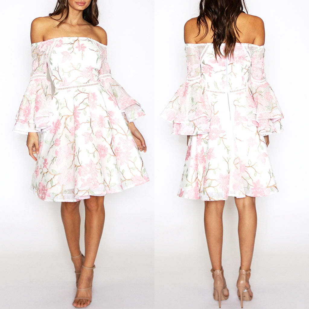 Addison Flared Sleeve Dress - White Floral