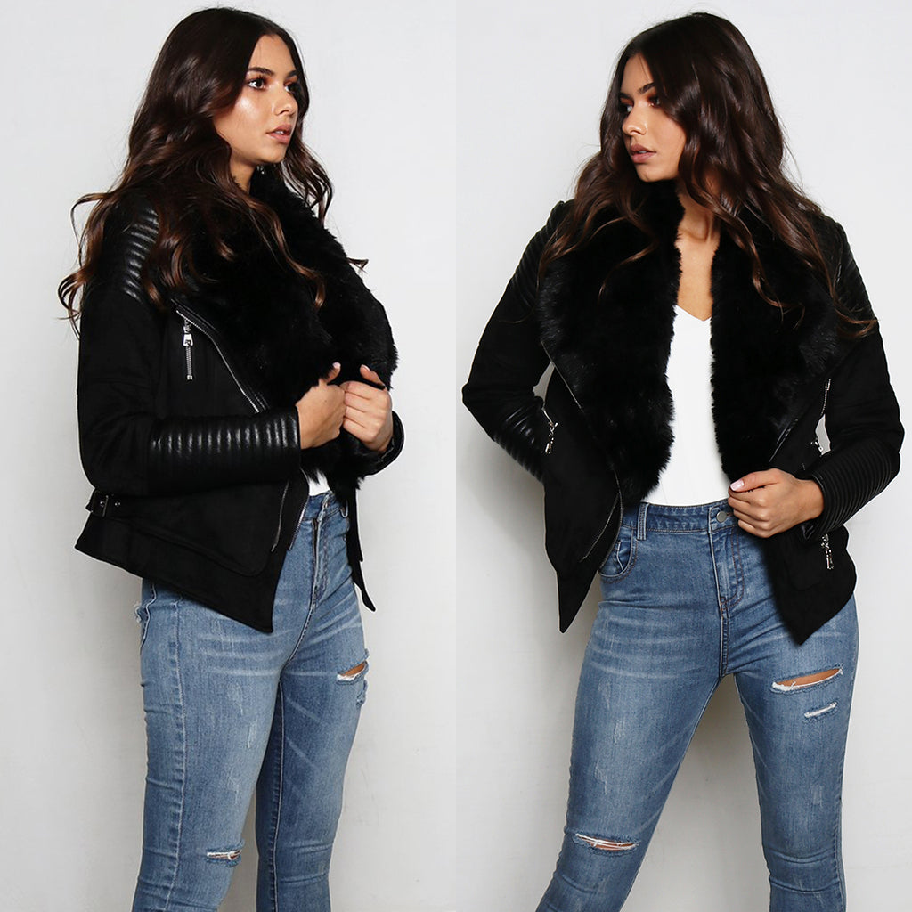 Bessy Fur Biker Jacket - Black