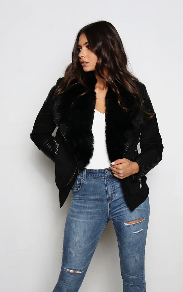 Bessy Fur Biker Jacket - Black