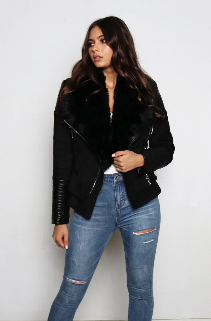 Bessy Fur Biker Jacket - Black